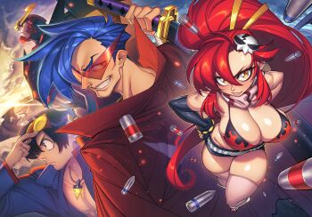  1girl 2boys absurdres anti-materiel_rifle bandages belt bikini bikini_top_only blue_hair bracelet breasts cape cleavage core_drill drill fingerless_gloves flame_print gloves gofa goggles goggles_on_head gun hair_ornament hair_stick highres jewelry kamina_(ttgl) kamina_pose kamina_shades large_breasts long_hair looking_at_viewer multicolored_hair multiple_boys navel no_shirt pink_thighhighs pointing pointing_up ponytail red_hair rifle scarf short_shorts shorts simon_(ttgl) skull_hair_ornament smile sniper_rifle spiral_power striped_clothes striped_scarf studded_belt studded_bracelet swimsuit tattoo tengen_toppa_gurren_lagann tengen_toppa_gurren_lagann:_parallel_works thighhighs topless_male triangular_eyewear two-tone_hair weapon yellow_eyes yoko_littner 