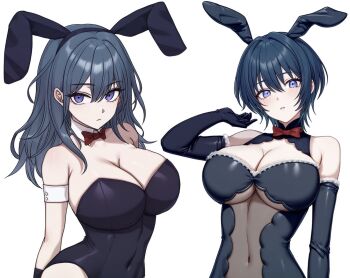  2girls alternate_costume animal_ear_hairband animal_ears arm_cuffs bare_arms bare_shoulders black_gloves black_hairband black_leotard blue_eyes bodystocking bow bowtie breasts cleavage closed_mouth collarbone commentary_request covered_navel detached_collar dual_persona elbow_gloves fake_animal_ears female_byleth_(fire_emblem) fire_emblem fire_emblem:_three_houses genderswap genderswap_(mtf) gloves green_hair hairband huge_breasts large_breasts leotard looking_at_viewer male_byleth_(fire_emblem) medium_hair multiple_girls nintendo ootuk playboy_bunny rabbit_ears red_bow red_bowtie see-through_clothes see-through_leotard short_hair simple_background teeth thighs underboob upper_body upper_teeth_only white_background 