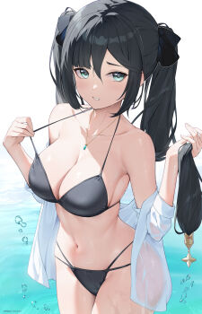 1girl absurdres aqua_eyes bare_shoulders bikini black_bikini black_hair breasts cleavage collarbone cowboy_shot genshin_impact highres holding holding_own_hair large_breasts long_hair looking_at_viewer mona_(genshin_impact) multi-strapped_bikini_bottom navel off_shoulder pulling_own_clothes rosumerii solo strap_pull swimsuit thighs twintails rating:Sensitive score:95 user:danbooru