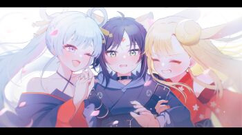  3girls ;d absurdres ahoge animal_ears bare_shoulders black_choker blonde_hair blue_hoodie cho_kaguya-hime! choker closed_eyes commentary_request crescent crescent_hair_ornament forehead_jewel girl_sandwich green_eyes grin hair_ornament hair_rings hair_stick highres holding_hands hood hoodie interlocked_fingers japanese_clothes kaguya_(cho_kaguya-hime!) kimono letterboxed long_hair looking_at_another looking_at_viewer lop_rabbit_ears multiple_girls one_eye_closed open_mouth petals purple_hair rabbit_ears red_kimono runami_yachiyo sakayori_iroha sandwiched short_hair smile tien102 upper_body 