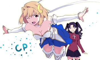  2girls arcueid_brunestud arms_at_sides artist_request black_ribbon black_skirt blonde_hair blue_eyes blue_skirt boots breasts brown_hair carnival_phantasm cleavage crescent crescent_hair_ornament detached_sleeves dress fate/stay_night fate_(series) floating floating_hair gold_trim hair_intakes hair_ornament huge_breasts long_hair magical_girl miniskirt multiple_girls one_eye_closed phantas-moon red_shirt ribbon shirt shoes short_hair sidelocks skirt solo thigh_boots thighhighs tohsaka_rin tsukihime twintails white_background white_dress zettai_ryouiki 