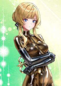  1girl absurdres arms_across_body arms_under_breasts black_gloves blonde_hair blue_eyes bodysuit breasts crossed_arms elbow_gloves genshin_impact gloves hair_bun highres kstrx-tca latex latex_bodysuit latex_gloves looking_at_viewer medium_breasts sandrone_(genshin_impact) shiny_clothes skin_tight solo yellow_bodysuit zipper 