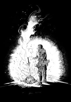  1boy armor bonfire_(dark_souls) chosen_undead dark_souls_(series) dark_souls_i fire full_armor full_body greyscale highres knight kofuku_(reitouko) monochrome planted planted_sword planted_weapon solo sword weapon 