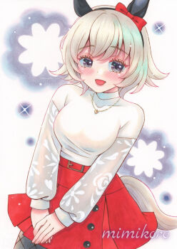  1girl absurdres animal_ears black_hairband blush bow breasts casual commentary_request curren_chan_(casual)_(umamusume) curren_chan_(umamusume) ear_bow ear_covers fishnet_pantyhose fishnets grey_hair hairband heart heart_necklace highres horse_ears horse_girl horse_tail jewelry large_breasts long_sleeves looking_at_viewer mimikuro necklace open_mouth pantyhose purple_eyes red_bow red_skirt see-through_clothes see-through_sleeves shirt short_hair skirt smile solo sweater tail traditional_media umamusume white_sweater 