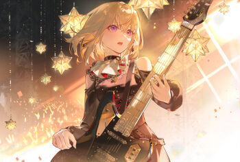  1girl absurdres amukeer bang_dream! bang_dream!_it's_mygo!!!!! black_choker blonde_hair chinese_commentary choker clothing_cutout commentary_request cowboy_shot crossed_bangs doloris_(bang_dream!) earrings glowstick guitar highres instrument jewelry looking_ahead medium_hair misumi_uika music open_mouth playing_guitar playing_instrument purple_eyes shoulder_cutout solo stellated_octahedron two-sided_ascot 