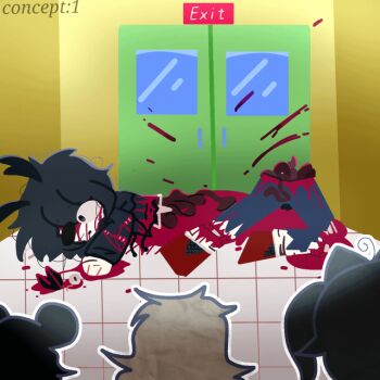  2boys 2girls animal_ears black_hair blood bloody brown_hair disney floor fundamental_paper_education guro kiffy_(artist) mickey_mouse mouse_ears multiple_boys multiple_girls murdered rabbit rabbit_ears rabbit_tail sad school suicide_mouse_(creepypasta) 
