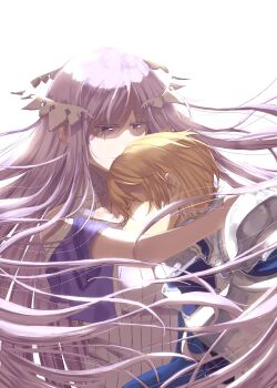  1boy 1girl armor blonde_hair breastplate breasts closed_eyes dress eugeo gr8xdat hair_ornament highres hug integrity_knight_armor light_smile long_hair looking_at_another pauldrons purple_dress purple_eyes purple_hair quinella short_hair shoulder_armor sword_art_online sword_art_online:_alicization very_long_hair white_background 