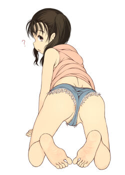  1girl ? ass barefoot black_hair brown_eyes e10 feet hood hoodie long_hair looking_at_viewer looking_back micro_shorts no_panties open_mouth shorts sleeveless sleeveless_hoodie soles toes twintails 