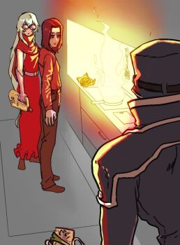  1girl 2boys :< archnemon belt chocolate_making_disaster_(meme) cooking digimon digimon_(creature) digimon_adventure_02 disgust enodgmxa fire glasses glowing hat indoors kitchen long_hair looking_at_another meme monster_boy monster_girl multiple_boys mummymon oikawa_yukio short_hair simple_background standing white_hair 