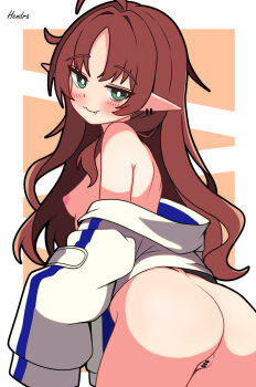  1girl :3 absurdres ahoge arknights ass bar_censor bare_shoulders blush breasts censored cleft_of_venus closed_mouth commentary_request fang fang_out green_eyes hendra highres jacket long_hair long_sleeves looking_at_viewer myrtle_(arknights) naked_jacket nipples orange_background pointy_ears pussy red_hair simple_background small_breasts solo white_jacket 