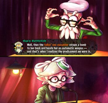 1boy 1girl 2koma aperoom arms_up bags_under_eyes beard cap'n_cuttlefish comic curtains english_text facial_hair glasses grey_hair hat hood hoodie indoors inkling jacket lamp marie_(splatoon) meme microphone mole mole_under_eye nintendo open_clothes open_jacket parody pointy_ears sailor_hat splatoon_(series) surprised the_joe_rogan_experience upper_body wide-eyed
