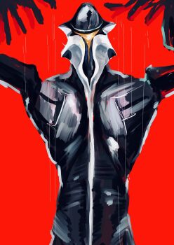  1boy alien black_skin blue_eyes colored_skin highres kaiju long_fingers looking_at_viewer male_focus mephilas_seijin red_background science_fiction shin_ultraman solo tall_male tokusatsu ultra_series villain_pose xaaaci 