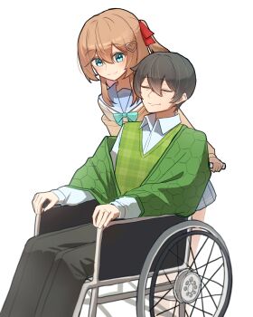  1boy 1girl absurdres aged_up aqua_bow aqua_bowtie black_hair black_pants blue_eyes blue_sailor_collar blue_skirt bow bowtie brown_hair cardigan closed_mouth dress_shirt feet_out_of_frame from_side green_jacket green_vest hair_between_eyes hair_ornament hair_ribbon hashtag-only_commentary heart heart_hair_ornament highres jacket lavidi long_hair long_sleeves miniskirt neuro-sama old old_man pants personification pleated_skirt pushing_wheelchair red_ribbon ribbon sailor_collar shirt short_hair simple_background sitting skirt smile vedal987 vedal_ai vest virtual_youtuber wheelchair white_background white_shirt yellow_cardigan 