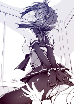  1boy 1girl admiral_(kancolle) bad_id bad_pixiv_id blush bodysuit cuffs dated gloves hachimaki handcuffs hatsuzuki_(kancolle) headband hetero highres implied_sex kantai_collection kobayashi_chisato monochrome open_mouth pleated_skirt school_uniform serafuku short_hair short_sleeves signature skirt solo_focus torn_bodysuit torn_clothes  rating:Explicit score:30 user:danbooru