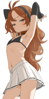 1girl absurdres armpit_focus armpits arms_behind_head bikini black_bikini black_hairband black_panties character_request collar copyright_request flat_chest hairband highres loli long_hair looking_at_viewer navel panties red_collar red_hair skirt solo swimsuit underwear white_skirt yamamoto_souichirou rating:Sensitive score:83 user:danbooru