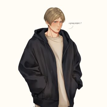  1boy black_jacket blonde_hair blue_eyes che_sue00 closed_mouth commentary crew_neck english_commentary english_text hands_in_pockets highres hood hooded_jacket jacket leon_s._kennedy long_sleeves male_focus open_clothes open_jacket parted_hair resident_evil shirt solo white_background white_shirt 
