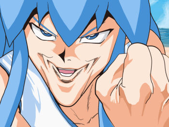  1girl beach blue_eyes blue_hair blue_sky clenched_hand female_focus gingasansan ikamusume jonouchi_katsuya long_hair matching_hair/eyes ocean parody shinryaku!_ikamusume sky smile solo tsurime upper_body water yu-gi-oh! yuu-gi-ou yu-gi-oh!_duel_monsters  rating:Sensitive score:17 user:lahdeedah