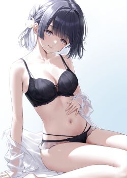  1girl absurdres arm_support bare_arms bare_legs black_bra black_panties bra braid breasts collarbone commentary enu_illustip feet_out_of_frame gakuen_idolmaster hand_on_own_stomach hataya_misuzu highres idolmaster light_blush lingerie looking_at_viewer medium_breasts mole mole_under_mouth navel off_shoulder panties purple_eyes purple_hair see-through_clothes see-through_shirt shirt side_braid sitting smile solo stomach underwear underwear_only wariza white_background white_shirt 