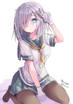  1girl absurdres arm_up black_pantyhose blue_hair commentary_request gloves grey_hair hair_ornament hair_over_one_eye hairclip hamakaze_(kancolle) highres hizaka kantai_collection looking_at_another neckerchief nintendo pantyhose school_uniform serafuku short_hair solo twitter_username warioware white_gloves 