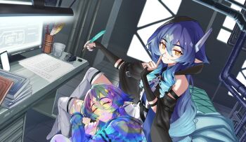 2girls absurdres bare_shoulders black_gloves black_hood black_sleeves blue_hair closed_eyes drill_hair feathers fingerless_gloves genshin_impact gloves hair_between_eyes highres holding holding_feather hood kyouyasai4423 layla_(genshin_impact) long_hair monitor multiple_girls nighttime_layla_(genshin_impact) pointy_ears sidelocks thighhighs very_long_hair white_thighhighs yellow_eyes