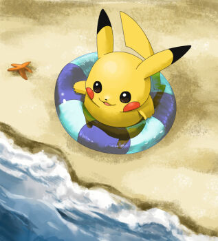  beach gen_1_pokemon innertube nintendo no_humans pikachu pokemon pokemon_(creature) solo starfish suppo swim_ring  rating:General score:14 user:danbooru
