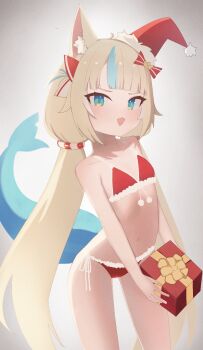  1girl :3 animal_ear_fluff bikini blonde_hair blue_eyes blue_hair bow christmas christmas_present fins fish_tail flat_chest fur-trimmed_bikini fur-trimmed_headwear fur_trim gift hair_ornament hat highres holding holding_gift indie_virtual_youtuber loli long_hair looking_at_viewer multicolored_hair navel open_mouth red_bikini red_bow ribbon sameko_saba santa_bikini santa_costume santa_hat shironekoshi solo swimsuit tail twintails virtual_youtuber white_ribbon 