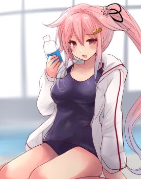  1girl absurdres bottle commentary_request day gradient_hair hair_ornament harusame_(kancolle) highres hirune_(konekonelkk) indoors jacket kantai_collection long_hair long_sleeves looking_at_viewer multicolored_hair pink_hair poolside ribbon school_swimsuit side_ponytail sitting solo swimsuit water_bottle white_jacket window 