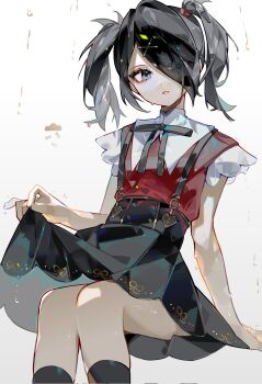  1girl ame-chan_(needy_girl_overdose) black_eyes black_hair black_ribbon black_skirt black_socks candy chair clothes_lift cloud collar commentary eyes_visible_through_hair food hair_ornament hair_over_one_eye hand_on_chair head_tilt heart highres hiro_(yoshi_chan) invisible_chair neck_ribbon needy_girl_overdose parted_bangs parted_lips red_shirt ribbon shirt short_hair simple_background sitting skirt skirt_lift sleeveless sleeveless_shirt socks solo suspender_skirt suspenders symbol-only_commentary twintails water_drop wet white_background white_collar winged_sleeves x_hair_ornament 