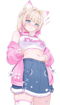  1girl :t animal_ear_fluff animal_ears bandaid_on_thigh blonde_hair blue_eyes blue_skirt blush braid breasts cardigan cardigan_partially_removed character_name commentary_request cowboy_shot crop_top denim denim_skirt dot_nose highres hololive kei_(keiillustrator) looking_at_self looking_down medium_breasts midriff miniskirt mococo_abyssgard navel nose_blush pinching_own_belly pink_cardigan pink_shirt pout print_shirt raised_inner_eyebrows shirt short_hair simple_background skirt sleeveless sleeveless_shirt solo standing stomach twitter_username virtual_youtuber weight_conscious white_background white_shirt 