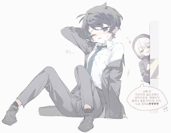  2boys :d absurdres akinashi_haru arm_at_side arm_behind_back arm_up black_hair black_hoodie black_jacket black_pants black_shoes black_socks blue_eyes blue_necktie blush breast_pocket brown_eyes collared_shirt commentary_request dress_shirt happy head_rest heart highres hood hood_up hoodie jacket knees_up korean_commentary korean_text male_focus multiple_boys necktie one_eye_closed oo_ttdtrw open_mouth pants peeking peeking_out pocket saihate_eki scrape shirt shoes short_hair single_off_shoulder sitting smile socks suit_jacket tatsunami_shion translated white_background white_hair white_shirt wince 