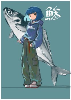  1girl 5afvb animal_print aqua_background belt black_hair blue_hoodie border cargo_pants closed_mouth expressionless fish fish_print full_body green_pants highres hood hood_down hoodie long_sleeves original outside_border pants red_belt shadow shoes short_hair sleeves_past_wrists solo tareme translation_request white_border white_shoes 