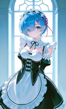  1girl :o absurdres apron arms_behind_back black_dress black_hairband blue_eyes blue_hair blush breasts cleavage commentary detached_sleeves dress hair_over_one_eye hairband highres indoors looking_at_viewer maid medium_breasts re:zero_kara_hajimeru_isekai_seikatsu rem_(re:zero) short_hair solo waist_apron water_human white_apron window 
