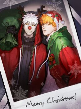  2boys absurdres arendt_0509 arm_around_waist artist_name black_gloves black_sclera black_sweater bleach christmas colored_sclera colored_skin commentary_request cosplay drawstring english_text fake_antlers gloves hat highres holding holding_sack hollow_ichigo hood hood_down hood_up hooded_coat kurosaki_ichigo looking_at_viewer male_focus merry_christmas multiple_boys open_mouth orange_hair photo_(object) red_nose rudolph_the_red_nosed_reindeer rudolph_the_red_nosed_reindeer_(cosplay) sack santa_hat spiked_hair sweater turtleneck turtleneck_sweater white_hair white_skin white_sweater yellow_eyes 