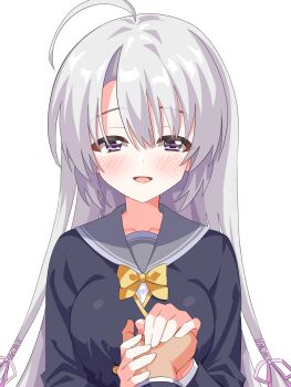  1boy 1girl :d ahoge ayachi_nene black_jacket blush bow bowtie breasts commentary_request grey_hair grey_sailor_collar hair_between_eyes hair_ribbon half-closed_eyes highres holding_hands huge_ahoge jacket large_breasts long_hair long_sleeves looking_at_viewer open_mouth pink_ribbon pov pov_hands purple_eyes ribbon sailor_collar sanoba_witch school_uniform serafuku sidelocks simple_background smile solo solo_focus straight-on straight_hair upper_body very_long_hair white_background yellow_bow yellow_bowtie yokoshima_akunusu 