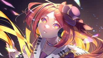  1boy blue_background choker collarbone dress floating_hair gradient_background hand_up hat headphones highres light_particles long_hair looking_at_viewer mini_hat mini_top_hat multicolored_eyes namine_ritsu orange_background orange_eyes orange_hair parted_lips piano_print pink_eyes purple_choker purple_dress purple_hat red_nails shiny_eyes solo top_hat trap umu_(pixiv2396283) upper_body utau very_long_hair 