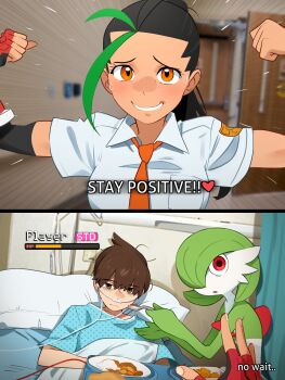 1boy 2girls 2koma absurdres black_hair breast_pocket breasts collared_shirt comic curry curry_rice dark-skinned_female dark_skin dress_shirt emphasis_lines english_text fingerless_gloves florian_(pokemon) food freckles gardevoir gen_3_pokemon gloves green_hair health_bar highres holding holding_spoon hospital_gown indoors khyle. long_hair looking_at_viewer medium_breasts messy_hair multiple_girls naranja_academy_school_uniform necktie nemona_(pokemon) nervous_smile nintendo orange_eyes orange_necktie photo_background plate pocket pokemon pokemon_(creature) pokemon_sv red_eyes red_gloves rice school_uniform shirt short_sleeves smile spoon sweat white_shirt