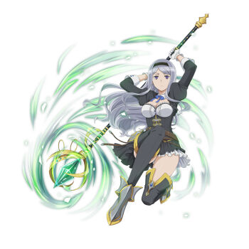  1girl airmid_teasanare anime_coloring arm_behind_head arms_up belt black_boots black_dress black_hairband blue_bow blue_bowtie boots bow bowtie breasts brown_belt center_frills cleavage closed_mouth danmachi_memoria_freese detached_collar dress dungeon_ni_deai_wo_motomeru_no_wa_machigatteiru_darou_ka frills full_body gem gloves green_gem grey_hair hairband holding holding_staff juliet_sleeves long_hair long_sidelocks long_sleeves looking_at_viewer mage_staff medium_breasts official_alternate_costume official_art on_one_knee parted_bangs puffy_sleeves purple_eyes sidelocks solo staff thigh_boots third-party_source underbust white_background white_gloves 