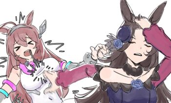  ahoge animal_ears blue_flower blue_hat blue_rose commentary cosplay dagger dress ear_ornament english_commentary flipped_hair flower fur_choker grey_hairband grey_leotard hair_over_one_eye hairband hat hat_flower highres horse_ears horse_girl horse_tail horseshoe_ornament iffyru knife leotard lowleg lowleg_skirt mihono_bourbon_(umamusume) necktie off-shoulder_dress off_shoulder pink_necktie rice_shower_(rosy_dreams)_(umamusume) rice_shower_(umamusume) rice_shower_(umamusume)_(cosplay) rose sheath sheathed silver_hairband skirt tail tilted_headwear umamusume weapon white_leotard 