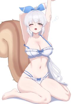  1girl absurdres armpits arms_up bare_arms bare_shoulders barefoot bikini breasts cleavage commentary_request grey_eyes hair_ribbon highres large_breasts long_hair looking_at_viewer multi-strapped_bikini_bottom navel oldsickkim one_eye_closed open_mouth original ribbon simple_background sitting solo squirrel_tail stomach stretching string_bikini swimsuit tail thighs very_long_hair wariza white_background white_bikini white_hair 