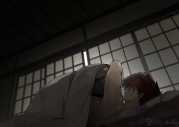  2boys arm_support arms_around_neck artist_name back bare_pectorals bare_shoulders bed bed_sheet biceps blanket blunt_bangs blunt_ends blurry blush bob_cut boy_on_top breath closed_eyes collarbone completely_nude couple dark dark_background depth_of_field dutch_angle eyes_visible_through_hair faceless faceless_male from_behind from_side futon hair_between_eyes hair_over_eyes hair_over_one_eye head_on_pillow heavy_breathing height_difference hug implied_sex indoors long_hair looking_at_another lying lying_on_person male_focus male_saniwa_(touken_ranbu) morning morning_after multicolored_hair multiple_boys muscular muscular_male naked_sheet nude on_back on_bed ookanehira_(touken_ranbu) open_mouth partially_colored pectorals pillow red_hair saniwa_(touken_ranbu) sex sexy_kaido shade shadow short_hair shouji sideburns signature simple_background size_difference sliding_doors spiked_hair straddling sunlight sweat sweatdrop tatami toned toned_male topless_male touken_ranbu twitter_username under_covers upper_body white_background yaoi 