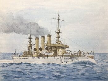 atelier_bono battleship cloud cloudy_sky commentary_request highres mast military_vehicle no_humans ocean original painting_(medium) sailing ship ship_turret sky smokestack traditional_media united_states_navy uss_virginia_(bb-13) warship watercolor_(medium) watercraft 