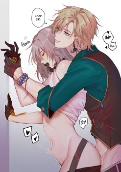  1boy 1girl absurdres aqua_shirt artist_name aventurine_(honkai:_star_rail) bare_shoulders belt black_belt black_gloves black_vest blonde_hair blue_eyes blue_gemstone blush bracelet chain closed_eyes clothed_sex collared_shirt cowboy_shot earrings english_text gem gloves gold_chain gradient_background grey_background grey_hair hair_between_eyes half-closed_eyes hands_up heart hetero highres holding_hands honkai:_star_rail honkai_(series) jewelry lips long_hair long_sleeves looking_at_another moaning multicolored_eyes navel open_mouth purple_eyes purple_gemstone pussy_juice puyurin sex shirt short_hair simple_background single_earring smile speech_bubble standing standing_sex stelle_(honkai:_star_rail) t-shirt teeth tongue tongue_out trailblazer_(honkai:_star_rail) vaginal vest white_background white_shirt  rating:Explicit score:19 user:danbooru