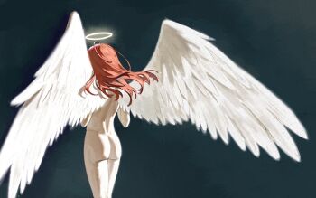  1boy angel angel_devil_(chainsaw_man) angel_wings ass chainsaw_man commentary completely_nude facing_away feathered_wings feet_out_of_frame floating_hair from_behind glowing glowing_halo halo highres legs_together long_hair male_focus max-k nude oversized_wings red_hair sidelighting standing traditional_halo untranslatable_commentary white_wings wings yellow_halo 