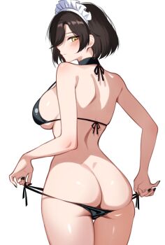  1girl absurdres adjusting_clothes adjusting_swimsuit ass ass_focus back bikini black_bikini black_hair black_nails black_survival blush breasts character_request charon_(duddnd2361) commentary_request eternal_return:_black_survival from_behind highres korean_commentary large_breasts looking_at_viewer looking_back maid_headdress short_hair shoulder_blades side-tie_bikini_bottom sideboob simple_background solo swimsuit thighs white_background yellow_eyes 