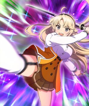  1girl :d ahoge arm_up black_garter_straps black_hairband blonde_hair blue_eyes breasts brown_dress brown_skirt buttons cowboy_shot diffraction_spikes dot_nose dress game_cg garter_straps hairband holding holding_sword holding_weapon incoming_attack incoming_kick katana kicking kohagura_ellen large_breasts long_hair long_sleeves motion_blur official_art open_mouth purple_background roundhouse_kick shirt single_thighhigh skirt smile solo sparkle_background sunburst sunburst_background sword teeth thighhighs third-party_source toji_no_miko toji_no_miko:_kizamishi_issen_no_tomoshibi underbust upper_teeth_only weapon white_shirt white_thighhighs 