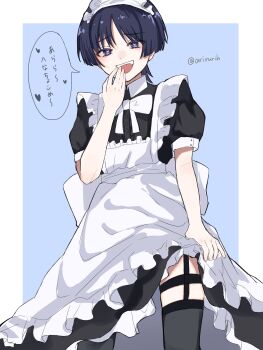  1boy apron arirurih black_hair black_thighhighs blue_background blue_eyes border crossdressing crossdressing_(mtf) garter_straps genshin_impact heart heart_in_eye highres maid maid_apron maid_headdress male_focus male_maid scaramouche_(genshin_impact) smirk solo symbol_in_eye thighhighs translation_request twitter_username white_border  rating:Sensitive score:13 user:danbooru