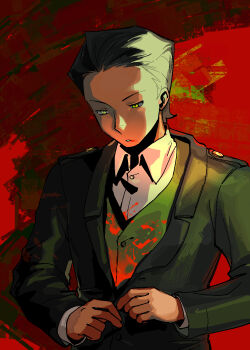  1boy adjusting_clothes animification black_hair blood blood_on_clothes blood_on_face blood_splatter chinese_commentary collared_shirt commentary dengtasha green_eyes green_jacket green_vest gripe_(ninjago) hair_slicked_back highres humanization jacket jaggy_lines long_sleeves looking_down male_focus ninjago red_background shirt short_hair simple_background solo upper_body vest white_shirt wing_collar 