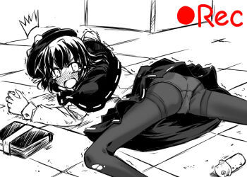  1girl black_capelet black_hair black_hat black_pantyhose black_skirt blush book bow capelet clumsy collared_shirt commentary embarrassed full-face_blush hat hat_bow long_sleeves medium_hair on_floor panties panties_over_pantyhose panties_under_pantyhose pantyhose recording ribbon-trimmed_capelet ribbon-trimmed_skirt ribbon_trim shirt skirt solo_focus takana_shinno takana_shinno_(character) tearing_up torn_clothes torn_pantyhose touhou trembling tripping underwear usami_renko white_bow white_shirt 