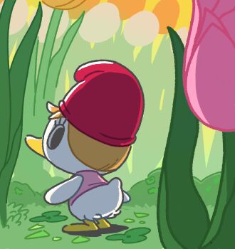  1girl animal_crossing bird duck flower green_background highres kopa_nishikida looking_back nintendo phrygian_cap pompom_(animal_crossing) standing tulip  rating:Sensitive score:1 user:liquorice