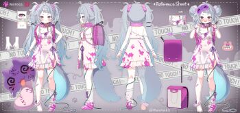  1girl @_@ absurdres anger_vein ayaoshiro backpack bag bandaid bandaids_on_nipples bdsm blue_hair blush caution_tape character_name closed_mouth collar covered_navel double_bun dress grey_hair hair_bun hair_ornament hair_scrunchie highres indie_virtual_youtuber leash loli menace_mamaki multicolored_hair multiple_views official_alternate_hairstyle open_mouth paint_splatter pasties paw_print pink_bag pink_collar pink_nails pink_scrunchie purple_eyes randoseru reference_sheet scrunchie second-party_source single_loose_sock slave strap_slip streaked_hair tail teeth twintails twitter_username upper_teeth_only virtual_youtuber white_dress 